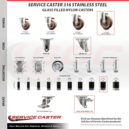 Service Caster 5 Inch 316SS High Temp Glass Filled Nylon 1-3/4 Inch Stem Caster Lck Brake, 2PK SS316TTLEX20S514-GFNSHT-2-S-2-134